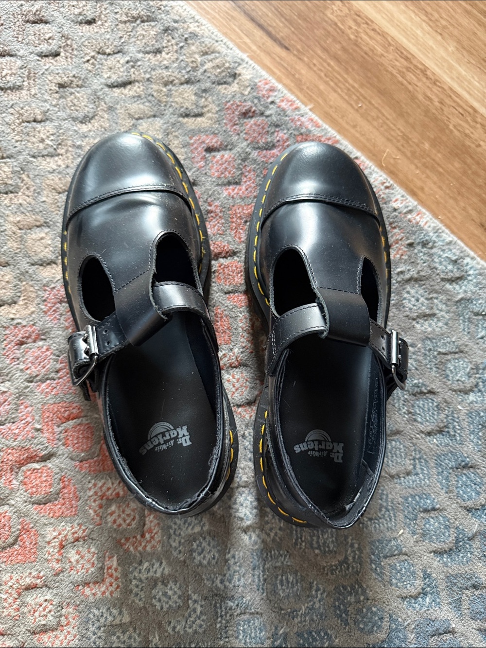 Dr. Martens Black T-Bar Mary Jane Shoes with Yellow Stitching